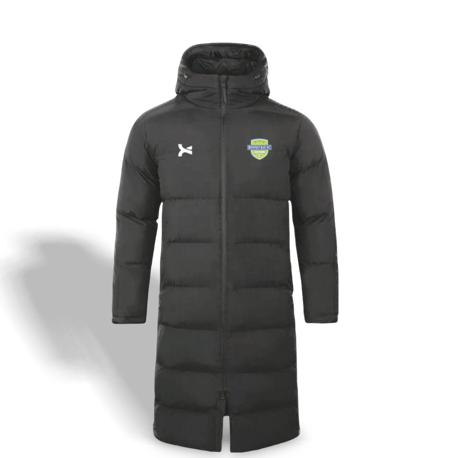 Bonnet Bay FC longline puffer jacket in black with club crest