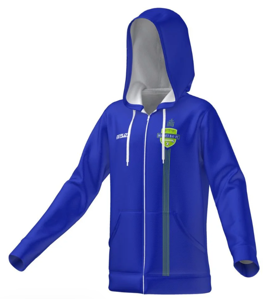 Bonnet Bay FC zip hoodie in blue with hood up