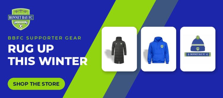 Bonnet Bay FC supporter gear — rug up this winter. Puffer, hoodie and beanie & scarf.