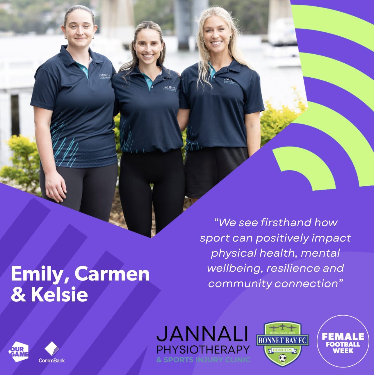 Emily, Carmen and Kelsie from Jannali Physiotherapy: We see firsthand how sport can positively impact physical health, mental wellbeing, resilience and community connection.