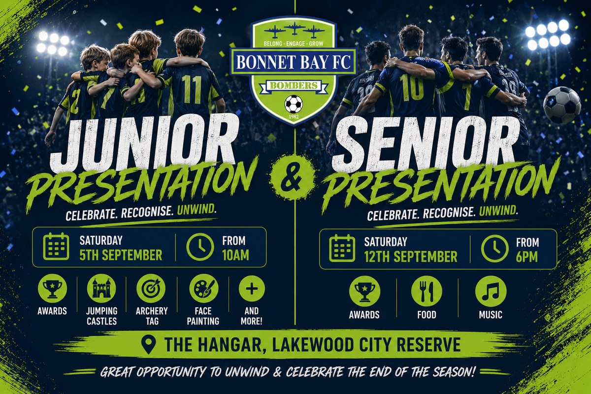 Bonnet Bay FC 2026 presentation days - Junior Presentation Saturday 5 September from 10am, Senior Presentation Saturday 12 September from 6pm, The Hangar, Lakewood City Reserve