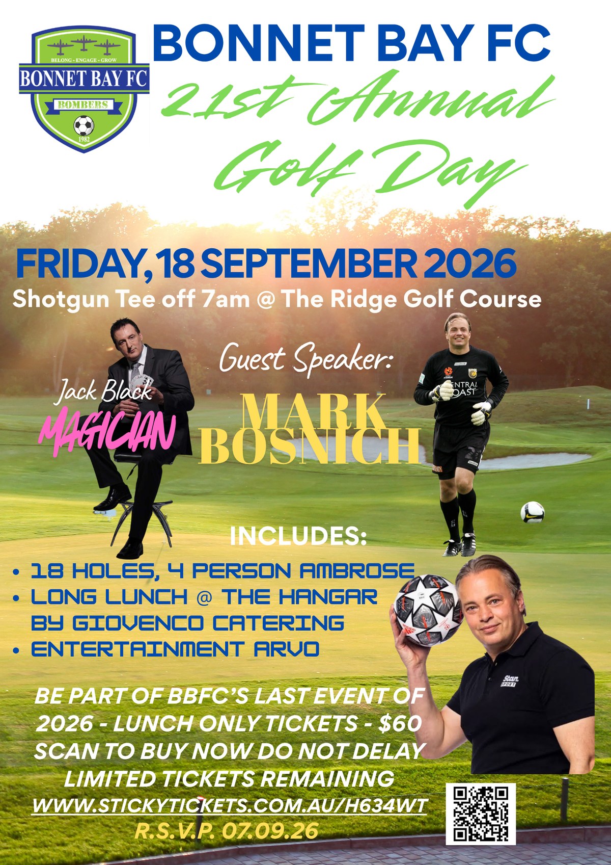21st Annual BBFC Golf Day &mdash; Friday 18 September 2026, shotgun tee off 7am at The Ridge Golf Course, guest speaker Mark Bosnich, magician Jack Black, lunch-only tickets $60, RSVP 7 September